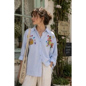 Ultra Vintage Clown Embroidered Button Down Shirt Light Blue Womens Large L